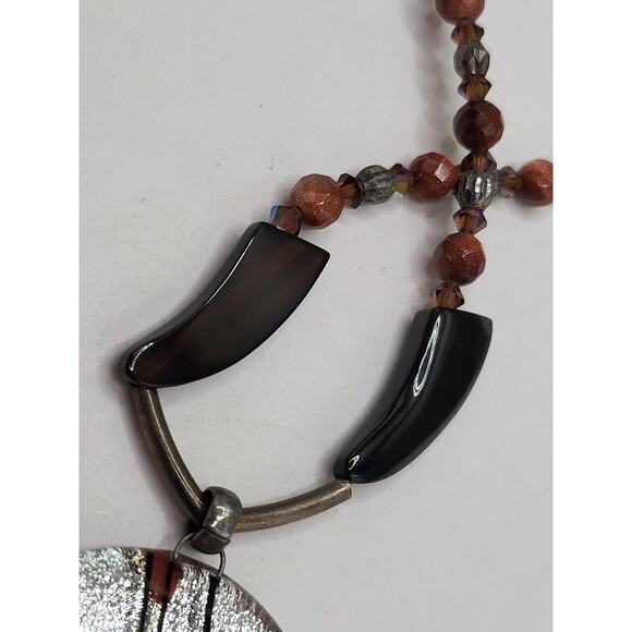 Fused Glass Art Pendant Necklace Goldstone Beaded Boho Statement 19 In - Picture 5 of 13